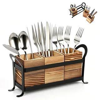 AXVRAV 3-teiliges Besteckhalter Holz für Tisch, Besteckkasten Holz Metall, Besteckkorb Löffelhalter, Besteck Tisch Organizer, Besteckständer Esstischdeko für Küchentisch Braun