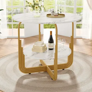 STILVORA 80×80×76cm runder Doppelstöckiger Küchentisch mit MDF-Marmor-Tischplatte,Beistelltisch für Esszimmer, Wohnzimmer - Gold
