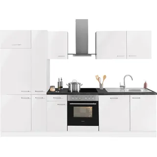 Küchenzeile OPTIFIT "Iver Breite 300 cm", weiß (küche: weiß, front: weiß seidenglanz, korpus: weiß, arbeitsplatte: granit schwarz), B:300cm H:207cm T:60cm, Komplettküchen-Sets, Küchenzeile, mit Hanseatic E-Geräten, inkl. Kühlschrank