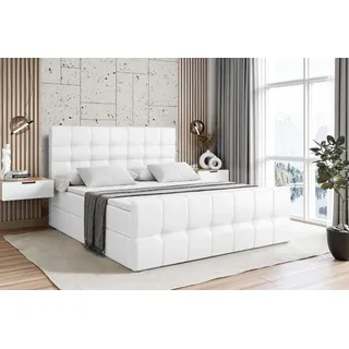 ALTDECOR Boxspringbett mit Matratze und Lattenrost - - BERO -Z - 140x200 cm Weiß Kunstleder - Boxbett, Fußteil, Topper, Polsterbett mit Bettkasten, Bett mit Stauraum H3 -Matratze, Doppelbett, Springboxbett - Weiß