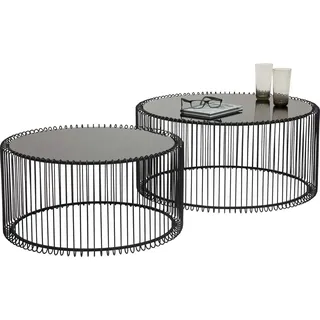 Kare Design Couchtisch Wire 2er Set, Schwarz, 63/53cm Durchmesser, Beistelltisch, Nachttisch, Stahlgestell, Tischplatte aus Sicherheitsglas, Wohnzimmer, rund, 34x70x70 cm (H/B/T)