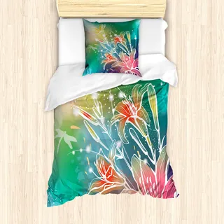 ABAKUHAUS Libelle Mantele, Digitale Lilacs Dragonfly, Milbensicher Allergiker geeignet mit Kissenbezügen, 135 cm x 200 cm - 80 x 80 cm, Farn, Grün, Lila