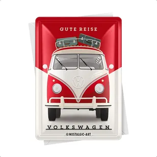 Nostalgic-Art Retro Blechpostkarte, 10 x 14 cm, VW – Gute Reise – Volkswagen Bus Geschenk-Idee, Original Lizenzprodukt (OLP), Postkarte aus Metall, Mini-Blechschild als Grußkarte