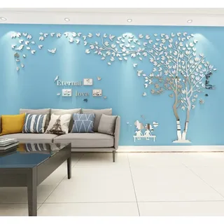 Baum Wandaufkleber Wandtattoo 3D DIY Sticker mit Familie Bilderrahmen Fotorahmen Wandbilder Wandkunst für Wohnzimmer Schlafzimmer (Silber Rechts,XL-180 * 350cm)