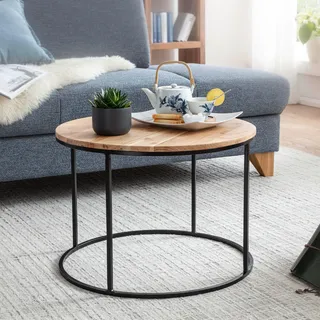 FineBuy Couchtisch Akazie Massivholz rund 60 cm · Wohnzimmertisch mit schwarzem Metallgestell · Handgefertigt · Natur Holz Tisch im Industrial Design - Braun