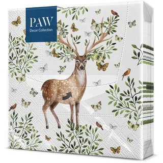 PAW - Servietten 3-lagig (33 x 33 cm) I 20 Stück I Perfekt für Kindergeburtstage, Partys, Kommunion und Feiern I Papierservietten Bunt mit Party Motiv I Tiere, Freude, Party - Waldgeweih