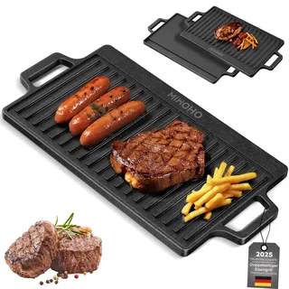 Gussplatte Grillplatte mit Griffen, 45 x 22 cm, antihaftbeschichtete Grillplatte für Gasgrill, Holzkohlegrillplatte für Outdoor/Camping (18IN)