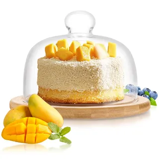 GBACHOOSE Käseglocke Glas mit Holztablett, Glasglocke 18 cm Tortenplatte mit Deckel, Käseplatte Holz, Kuchenglocke Glas für Kuchen, Desserts, Obst, Sandwiches, Brot