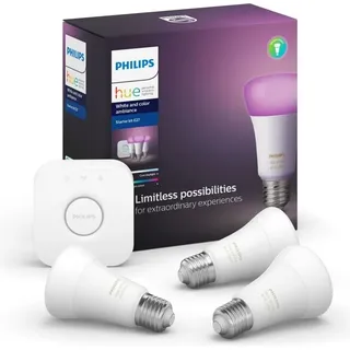 Philips Hue White and Color ambiance Starter-Set: 3 smarte Lampen E27 (800), Set für intelligente Beleuchtung, Bluetooth/Zigbee, Weiß, LED, E27, A60