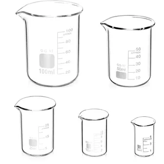 5 Stück Abgestufter Messbecher Glas Becherglas 5ml 10ml 25ml 50ml 100ml Set für Labor-Messbecher Küche