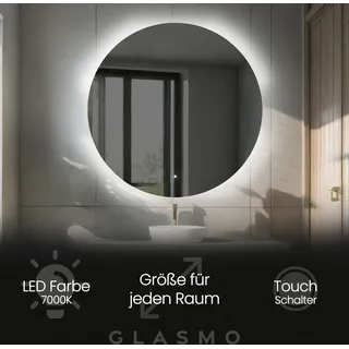 Badspiegel mit LED Beleuchtung 80 cm Elsie - Rund Spiegel mit Beleuchtung - Kaltweiß 7000K - Badezimmerspiegel Lichtspiegel mit Touch Schalter - Transparent