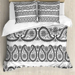 ABAKUHAUS Paisley Bettbezug, Winter-Thema Blumen, Milbensicher Allergiker geeignet mit Kissenbezügen, 155 cm x 220 cm - 80 x 80 cm, Schwarz und weiß - Schwarz