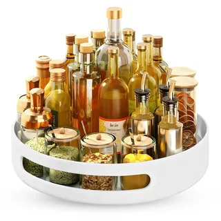 KATLKIU Lazy Susan Gewürzregal 30 cm aus Metall – 360° drehbares, rutschfestes Organizer-Regal für Küche, Kühlschrank & Bad – Platzsparendes Drehregal für Gewürze, Öle und Kosmetika (Weiß)