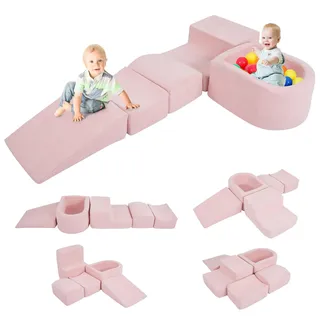 FANTASK 5-teilige Schaumstoffbausteine XXL, Riesen Kletterblöcke mit Bällebad, Großbausteine zum Toben & Klettern, Soft Spielbausteine für Zuhause, Kinderzimmer & Spielzimmer (Rosa, Cordstoff)