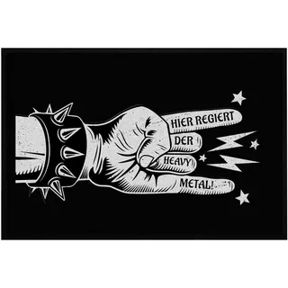 OM3® lustige Fußmatte mit Spruch - Hier regiert der Heavy Metal - Metalhand Devil's Horn - Geschenkidee für Metalheads - rutschfest & waschbar - 60x40cm -