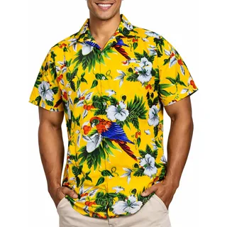 King Kameha Funky Hawaii-Hemd, Herren, Kurzarm, Cherry-Parrot, Gelb, M