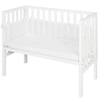 roba safe asleep® 2 in 1-45 x 90 cm - Höhenverstellbar - Komplettes Anstellbett mit Matratze + Canvas Barriere - Mesh Umrandung - Bett Set für Babys - Holz weiß
