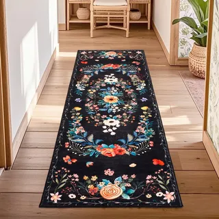 Schwarz Blume Teppich Läufer Flur Rutschfest 60x180cm, Boho Weich Langer Läufer, Waschbar Kurzflor Küchenläufer Rutschfest, Teppichläufer Flur Flurteppich Flurläufer für Küche Schlafzimmer Wohnzimmer