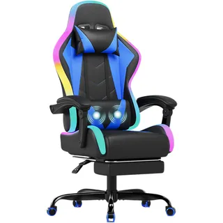JUMMICO Gaming Stuhl mit led, Cool Racing Gamer Stuhl, Ergonomischer Bürostuhl mit Massagefunktion, Verstellbare Rückenlehne 90-135°, mit Teleskop Fußstütze, Gamingstuhl 150 kg belastbarkeit, Blau