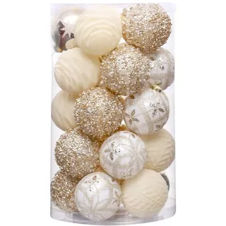 Weihnachtskugeln 25tlg, 6 cm Kunststoff Christbaumkugeln Bunt Weihnachtsdeko, Weihnachtsbaum Dekoration Set, Glänzend Glitzer Weihnachten Deko mit Anhänger Elfen Thema Gold Rot Grün (Beige)