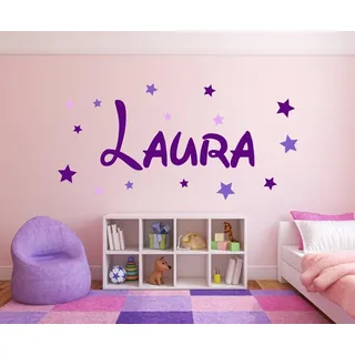XL Wandtattoo Türaufkleber, Kinderzimmer mit Namen für Mädchen, 73002-120cm-tricolore-violett, mit bunten Sternen fürs Mädchenzimmer, Wandaufkleber Wandtatoos Sticker Aufkleber für die Wand, Tapetensticker, Tattoo aus Markenfolie, Namensaufkleber mit Wunschname, in 32 Farben wählbar