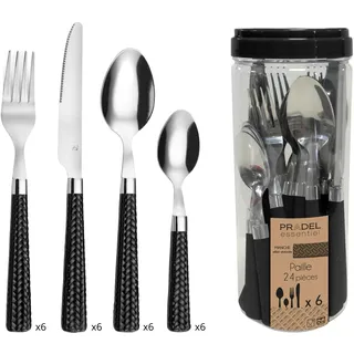 Amefa PAILLE Besteck Set 6 Personen | Essbesteck 24-teilig | schwarze Griffe im Flechtdesign | Besteck Set 18/0 Edelstahl | Besteckset spülmaschinenfest | je 6x Gabel, Messer, Löffel & Kaffeelöffel