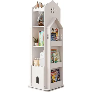 QTQHOME 360° drehbares Kinder-Bücherregal, bodenstehendes Regal mit Aufbewahrungsregalen auf beiden Seiten, geeignet für Familienstudium, Schlafsaal, Schlafzimmer, Bücherregale (3 Etagen, weiß)