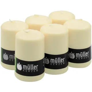 Müller KERZEN Stumpenkerzen ohne Duft – Set mit 6 elfenbeinfarbenen Kerzen in Großpackung – 6,8 x 11 cm – 35 Stunden langlebige Dekorkerzen – tropffreies Wachs