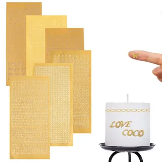 EVBOTGEE Wachsbuchstaben für Kerzen, 6er Set Gold Alphabet Aufkleber mit Zahlen und Symbolen, Groß und Kleinbuchstaben, für Scrapbooking, Kartenbasteln, DIY Handwerk