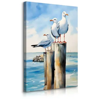 Muralo Leinwandbild Abstrakte Möwen Meer 60x90 cm , Textil , Kiefer , Tiere, Wasser/Strand/Meer , Rechteckig , 60x90 cm , einfache und schnelle Anbringung , Bilder & Rahmen, Bilder, Leinwandbilder