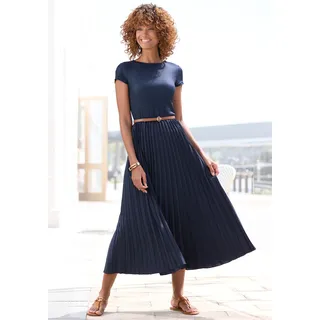 Midikleid LASCANA, Damen, Gr. 34, N-Gr, blau (navy), Obermaterial: 100% Polyester. Obermaterial 2: 100% Polyester, unifarben, figurumspielend Midi, Rundhals, Kleider Midikleid, mit Plisseerockteil, Basic, modisch, Topseller