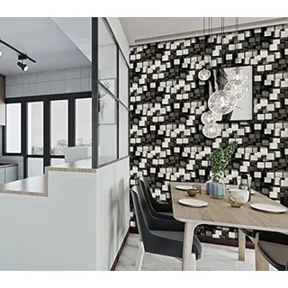 BUVU Vinyltapete 53x1000cm Schwarz Weiß, moderne Loft Design, moderne 3D Optik für Wohnzimmer, Schlafzimmer oder Küche