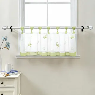 Delien Scheibengardinen Küche »Schmetterling« B120 x H45 cm, Grün | 1 Stück,Voile,Bistrogardine mit Schlaufen,Schmetterling Stickerei,Transparente Küchengardine,Landhausstil Kurzstores