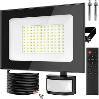 papasbox 100W LED Strahler mit Bewegungsmelder Außen Lichtsensor | Außenstrahler Scheinwerfer Aussen mit Fernbedienung | 6500K Kaltweiß IP66 Wasserdicht Fluter für Garten Garage Sportplatz