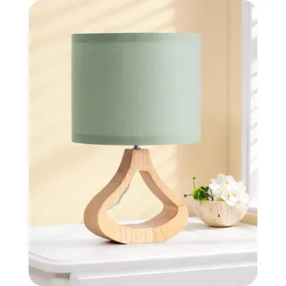 EDISHINE Nachttischlampe Holz, Tischleuchte mit Leinen-Lampenschirm und Holzsockel in Flaschenform, E27 Fassung mit 2700K LED-Birne, 34 cm, Moderne Tischlampe für Wohnzimmer und TV-Schrank, Grün