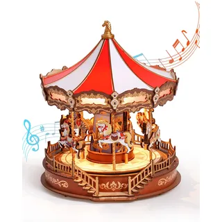 rowood Karussell 3D Puzzle Holz, Musik Box Modellbausatz für Erwachsene, DIY Spielzeugbausatz für Modellbau Konstruktionen Bastelset, Perfekt als Weihnachts oder Geburtstagsgeschenk
