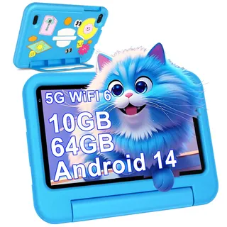 2026 Neueste Android 14 Kinder Tablet 7 Zoll, 10GB(4+6) RAM+64GB ROM/TF 1TB, WLAN 6, 5G+2.4G WLAN, 8-Core 1.8 GHz, 1024*600, 3500mAh, Type-C, Bluetooth 5.0, Kids Tablet Mit EVA-Hülle - Blau
