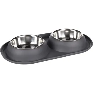 Flamingo Futter- und Trinknapf Duo Dinner für Hund Grafa Oval Dunkelgrau 14,5cm - 41,5x23x4,5cm - 2x500ml - Edelstahl - Antirutsch - Verhindert Verschütten auf dem Boden