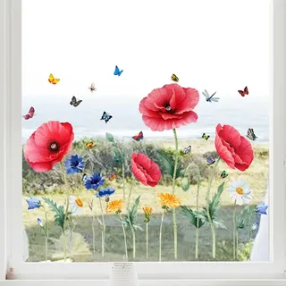 WandSticker4U®- XXL Fenstersticker MOHNBLUMEN rot (88x57 cm) I Fensterbilder Frühling Blumen selbstklebend Wohnzimmer Schlafzimmer Bad Küche I Frühlingsdeko Fenster Aufkleber wiederverwendbar GROß