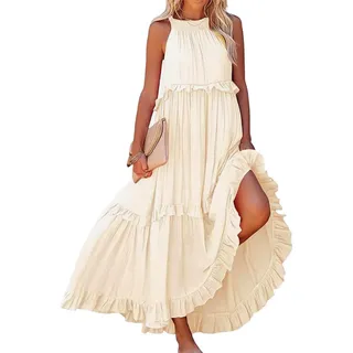 Lvnsdknerse Sommerkleid Damen - Boho Kleider Lang Ärmellose Maxikleid Neckholder Elegant Sommer Kleid Hochzeitsgast Partykleid High Waist Freizeitkleid Casual Strandkleid, S-XXL