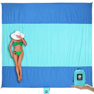 WEKAPO Sandfreie Stranddecke, extra groß, 2,4 x 2,9 m, für 7 Erwachsene, Strandmatte, groß und kompakt, sanddicht, schnell trocknend, leicht und langlebig, mit 6 Heringen und 4 Ecktaschen