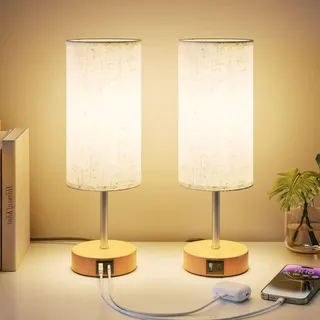 UPXNBOR Nachttischlampe 2er Set mit Ladefunktion über USB-A- und USB-C-Anschlüsse, Nachttischlampe Touch Dimmbar mit 3 Stufen warmem Licht für Schlafzimmer und Wohnzimmer (E27 Glühbirne inklusive)