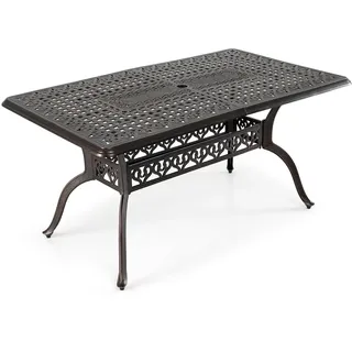 FANTASK Gartentisch wetterfest, 150 x 90 cm, Bistrotisch aus Aluminiumguss mit Schirmloch, rechteckiger Terrassentisch für 6 Personen, Balkontisch für Garten, Balkon, Terrasse