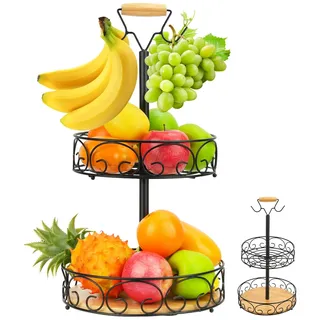 MAIJIAJU Obst Etagere 2 Etagen mit Bananenhalter, Abnehmbar Schwarz Obstkorb Etagere aus Metall Obstschale Modern Drahtkorb, Große Kapazität Küche Obstetageren Aufbewahrung für Obst, Gemüse, Brot