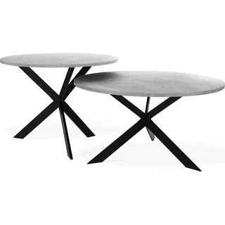 Couchtisch Set Lev - 2er-Set Beistelltisch Rund (Ø75/58 cm) - Wohnzimmertisch Industrial, Satztisch mit Metallgestell Schwarz - Kaffeetisch Modern - Beton Grau - Grau