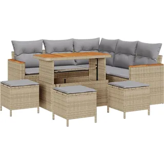 9-teiliges Garten-Sofa-Set mit Kissen Beige Poly Rattan Akazie, 4-teiliges Garten-Dining-Set mit Kissen Beige Poly Rattan Akazie, Gartensofas DesignMöbel Neu - Beige