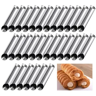 Cannoli Formen, MKNZOME 30 Stück Schillerlockenform Edelstahl Croissant Form Schaumrollenform Spirale Horn Tubes Hörnchen Backform Schaumrollen set für Sahnehorn Croissant Backform