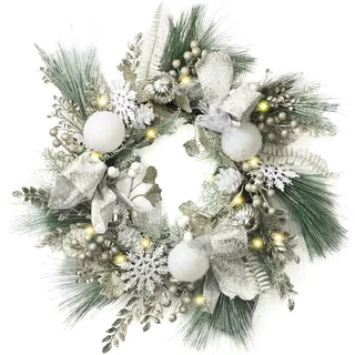 Valery Madelyn 52cm/20.5 Zoll Weihnachtskranz türkranz groß, haustür weihnachtskranz Weiß Silber, Adventskranz mit 15 Led Timer Weihnachtskugeln und Bogen für Weihnachtsdeko Feste Advent