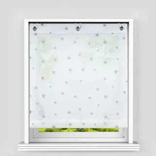 Heichkell Voile Ösen Raffrollo Sterne Muster Transparente Raffgardine mit Haken Feltenrollo ohne Bohren Kinderzimmer Vorhang BxH 80x140cm Weiß-Grau