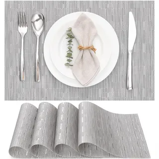 Myir JUN Tischsets Abwaschbar 4er Set, Gewebte Platzdeckchen rutschfest Abgrifffeste Hitzebeständig, Vinyl Platzsets Abwaschbar für küche Speisetisch Hotel, Platz-Matten 30x43.5cm (Silber)